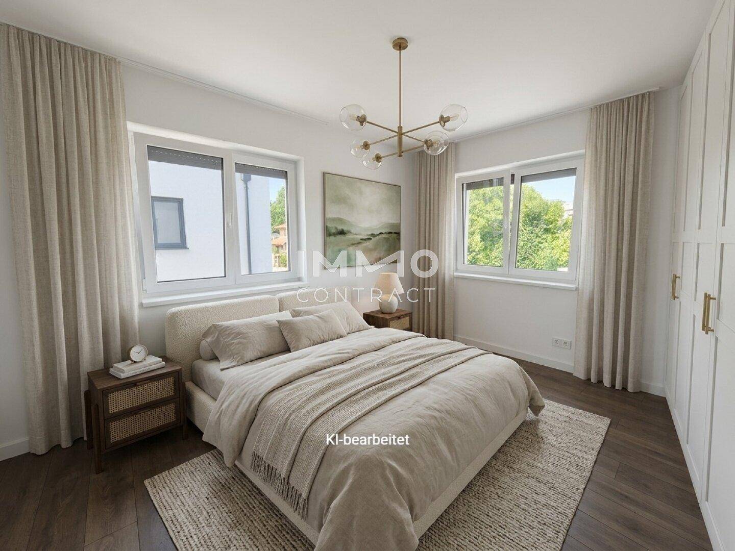 Helles Schlafzimmer mit Doppelbett, modernen Möbeln und zwei Fenstern mit Blick ins Grüne.