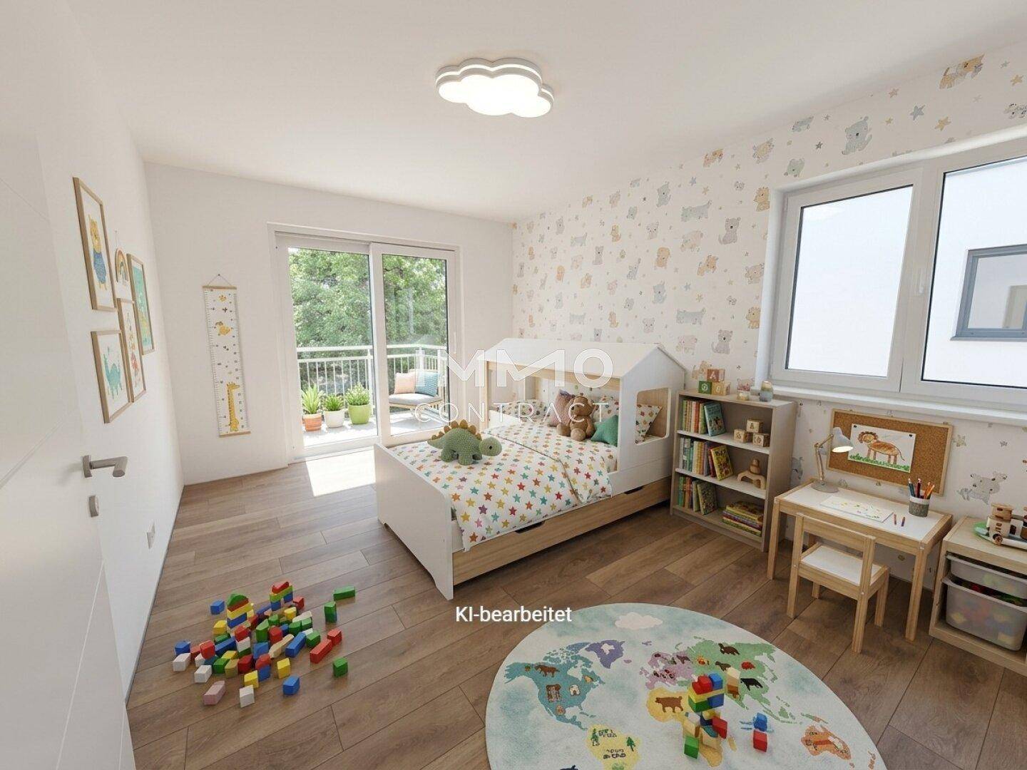 Freundliches Kinderzimmer mit verspielter Tapete, Holzboden und Zugang zu einem kleinen Balkon.