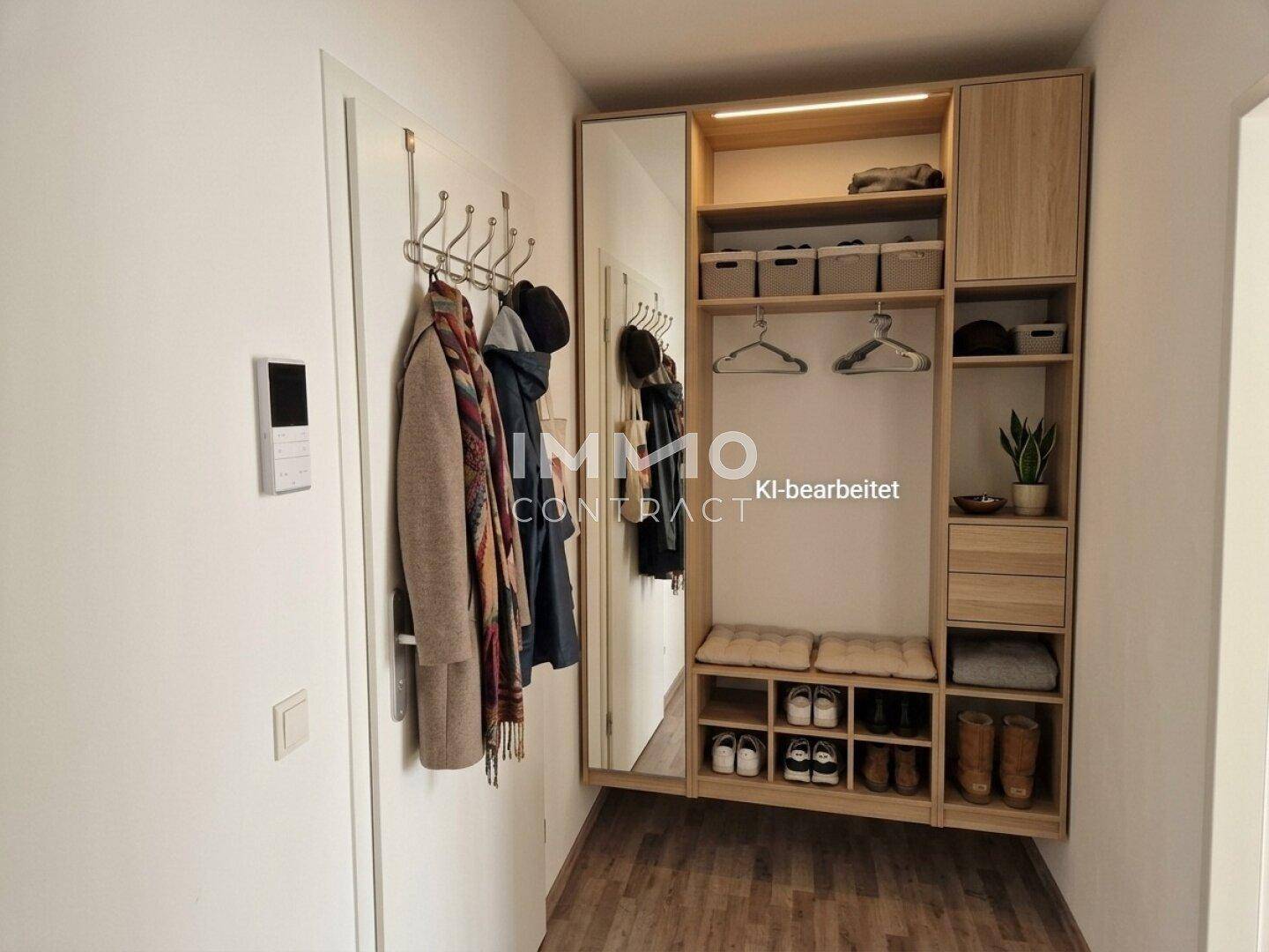 Heller Eingangsbereich mit praktischer Garderobe, Spiegel und integriertem Stauraum aus Holz.