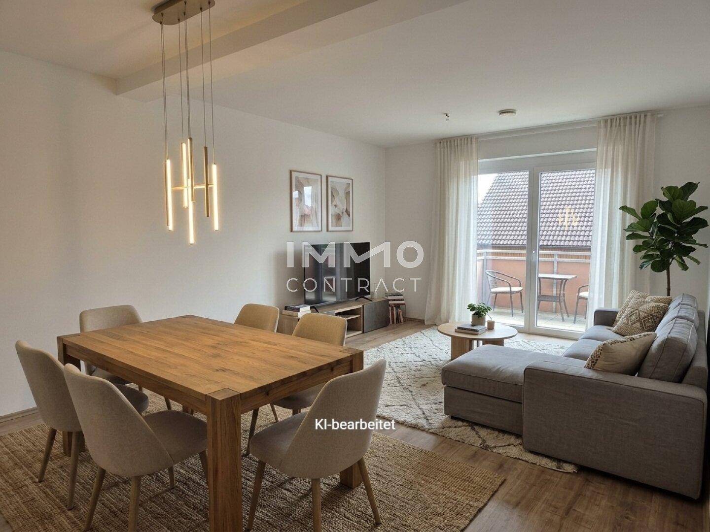 Offener Wohn- und Essbereich mit Holztisch, bequemer Couch und Zugang zum Balkon.