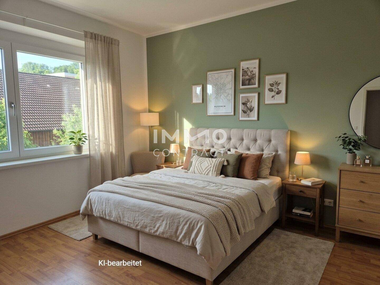 Gemütliches Schlafzimmer mit großem Bett, Holzboden und einer grünen Akzentwand, gut beleuchtet.