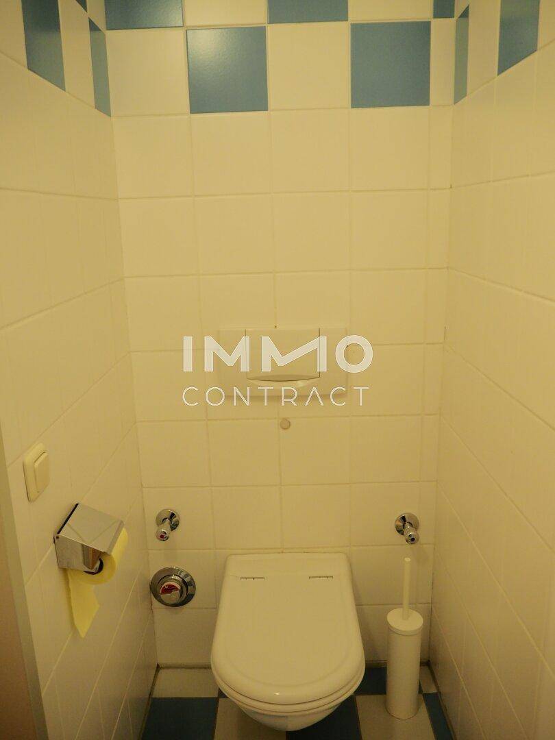Separates WC mit weiß-blauen Fliesen und wandhängender Toilette.