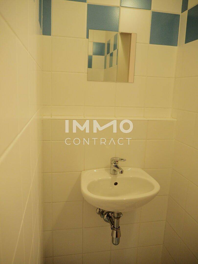 Separates WC mit weiß-blauen Fliesen und kleinem Waschbecken.