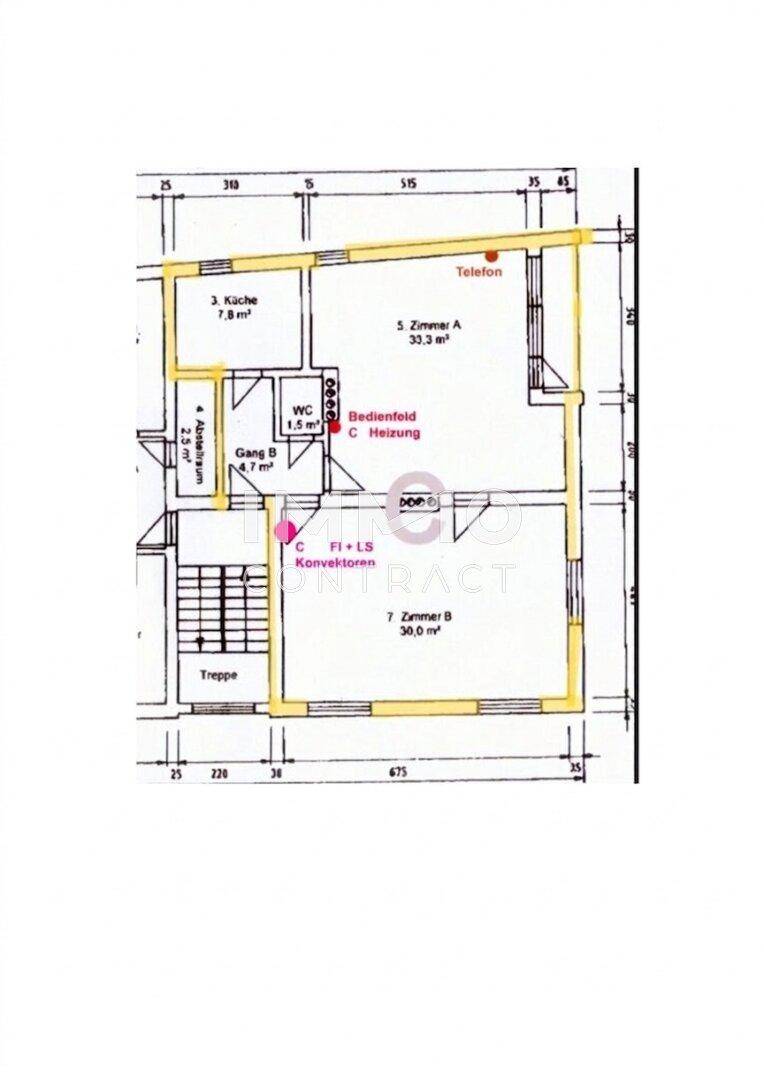 Grundriss einer Wohnung mit Küche, WC und zwei Zimmern, inklusive Treppenhaus.