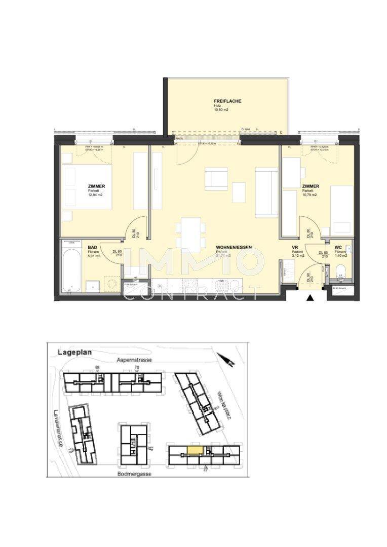 Grundriss einer Wohnung mit offenem Wohn-Essbereich, zwei Zimmern und Freifläche.