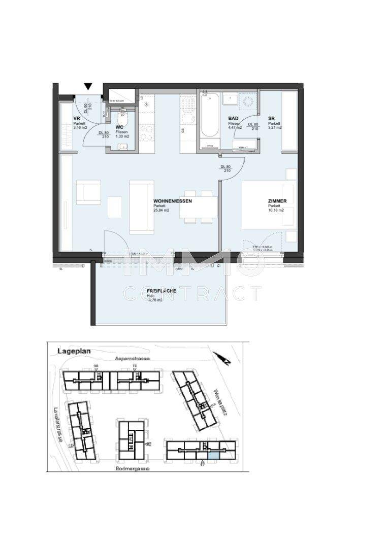Grundriss einer Wohnung mit Wohn-Essbereich, Schlafzimmer, Bad und Balkon.