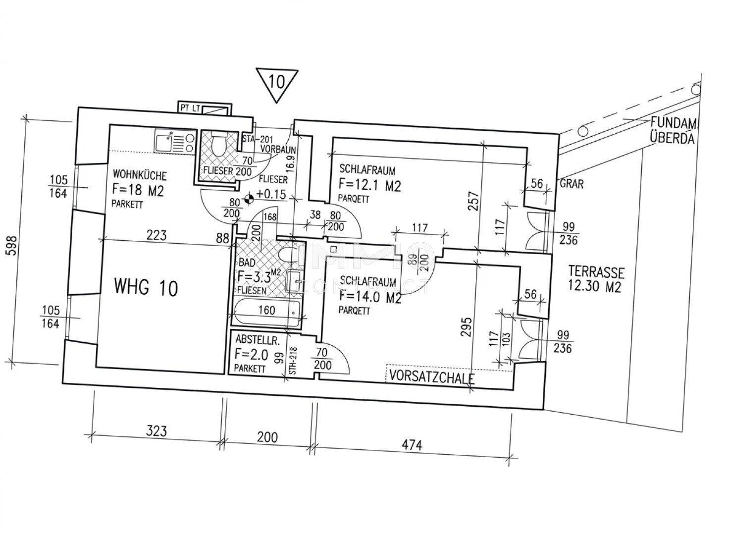 Grundriss der Wohnung 10 mit Wohnküche, zwei Schlafzimmern, Bad und einer Terrasse von 12.30 m².