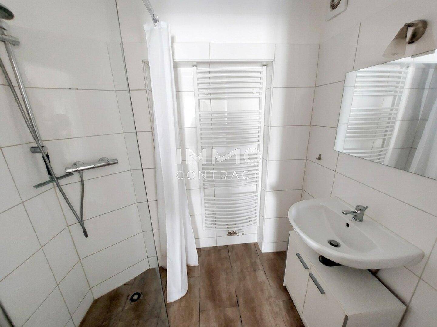 Modernes Badezimmer mit Duschkabine, Waschbecken und beheiztem Handtuchhalter.