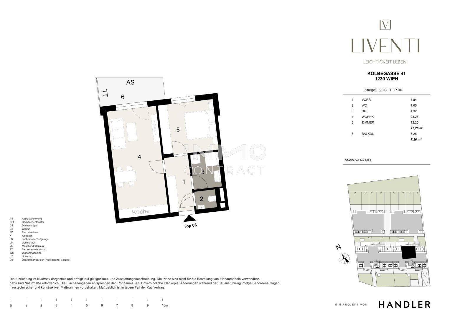 Grundriss einer Wohnung mit Balkon und offener Küche.