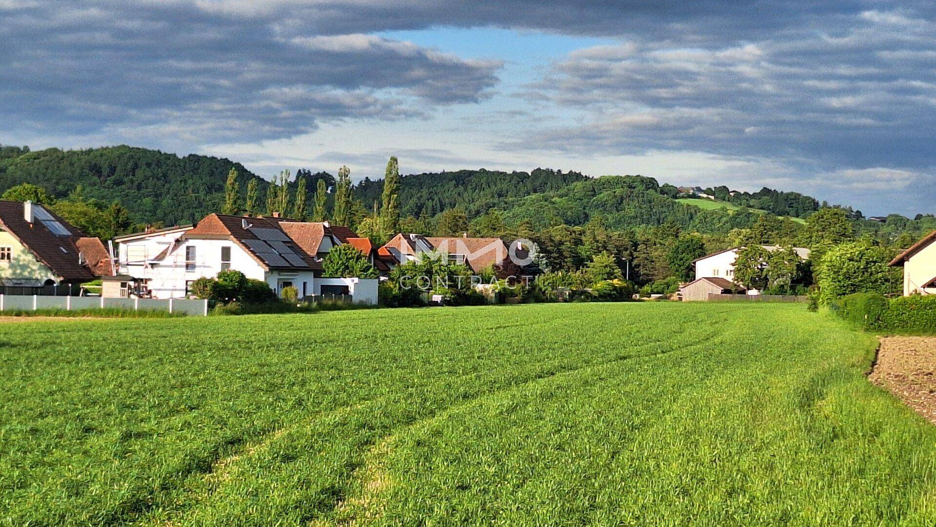 Ländliche Szenerie mit grünem Feld, Häusern und bewaldeten Hügeln unter dramatischem Himmel.
