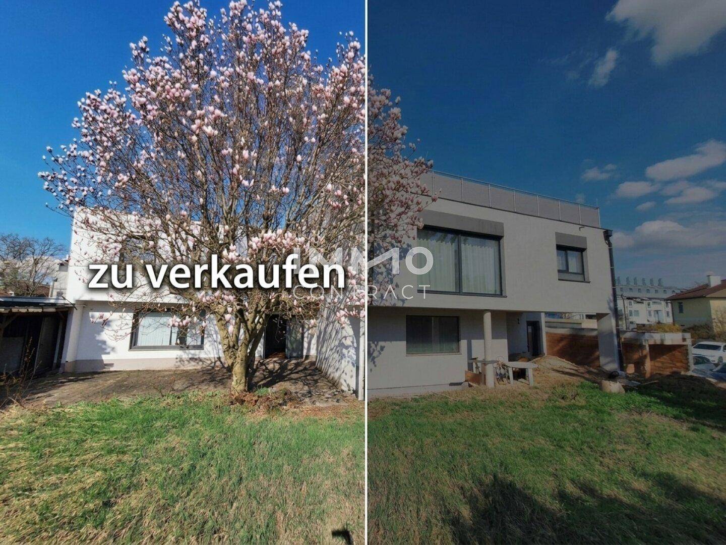 Ansichten des Hauses von außen mit blühendem Baum und moderner Architektur, zum Verkauf angeboten.