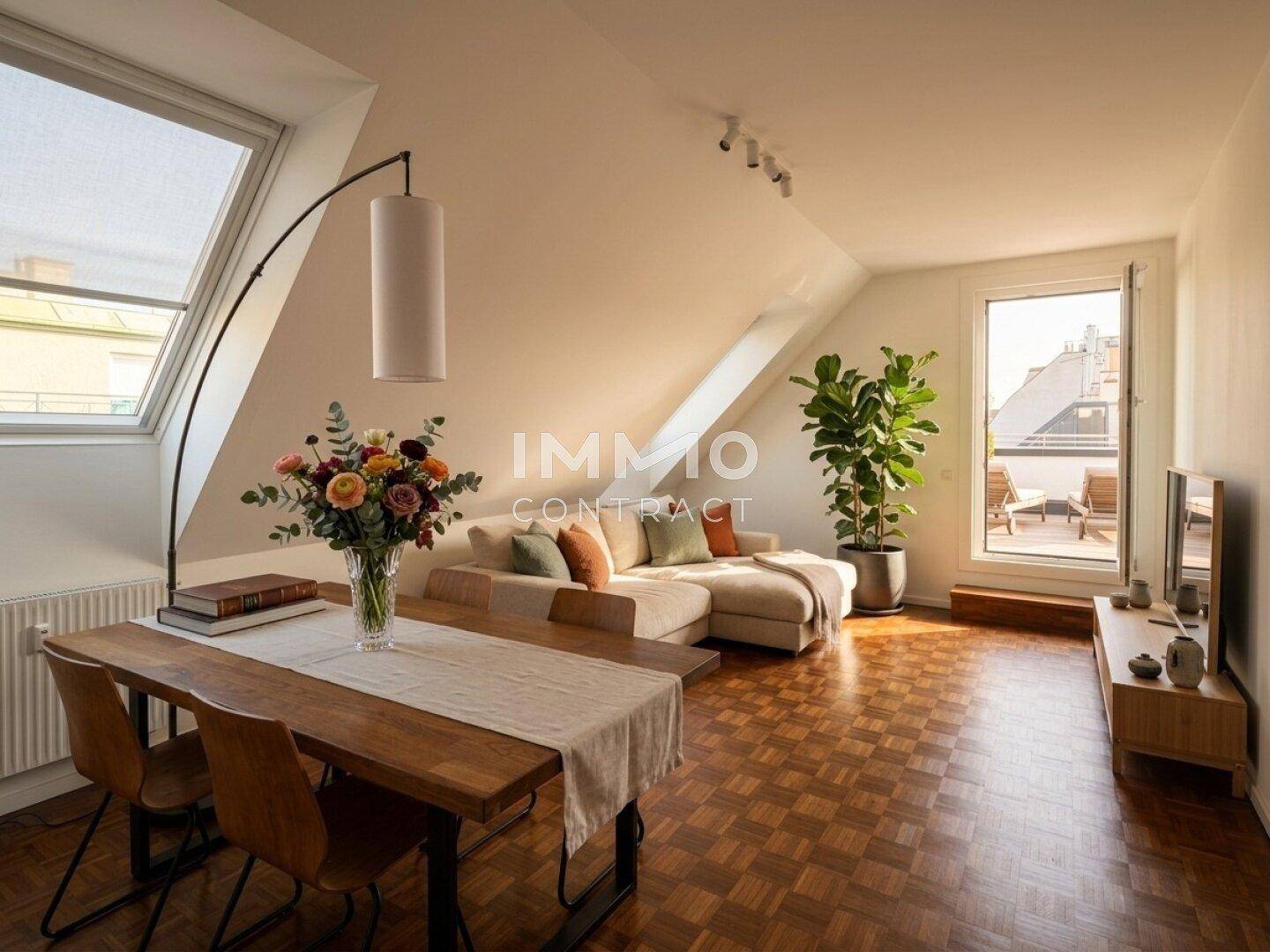 Heller Wohn- und Essbereich mit Parkettboden, Dachfenstern und Zugang zu einer kleinen Terrasse.