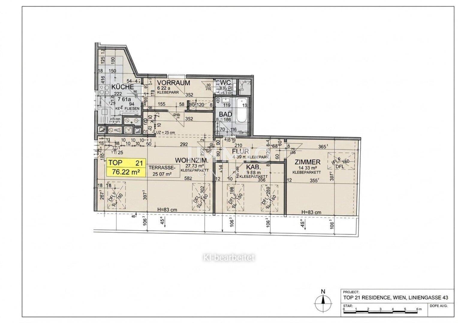 Grundriss der Wohnung Top 21 mit 76,22 m² Wohnfläche und Terrasse.