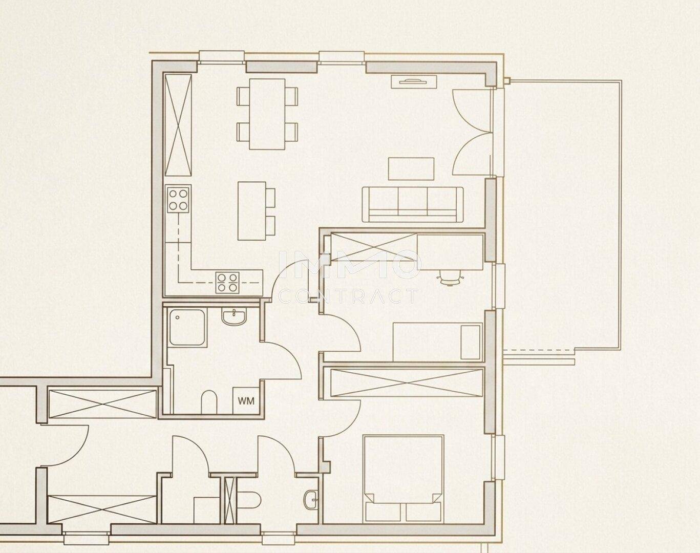Grundriss der Wohnung mit offenem Wohnbereich, Schlafzimmern und Balkon.