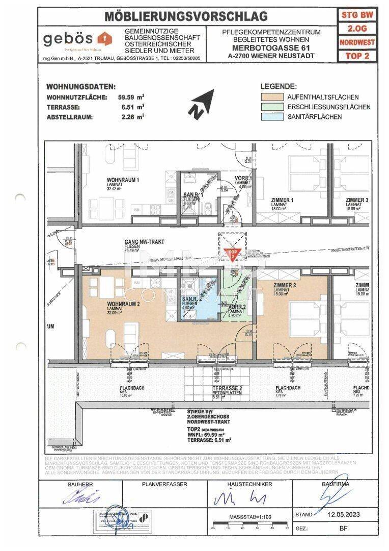 Detaillierter Grundriss einer Wohnung mit Wohnzimmer, Schlafzimmern und Terrasse.