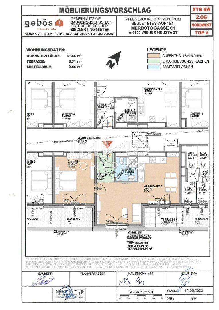 Grundriss einer Wohnung mit Wohnfläche, Terrasse und Abstellraumangaben.