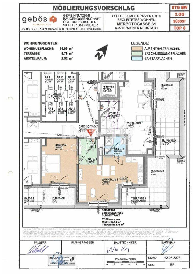 Detaillierter Grundriss einer Wohnung mit Wohnbereich, Schlafzimmern und Terrasse.