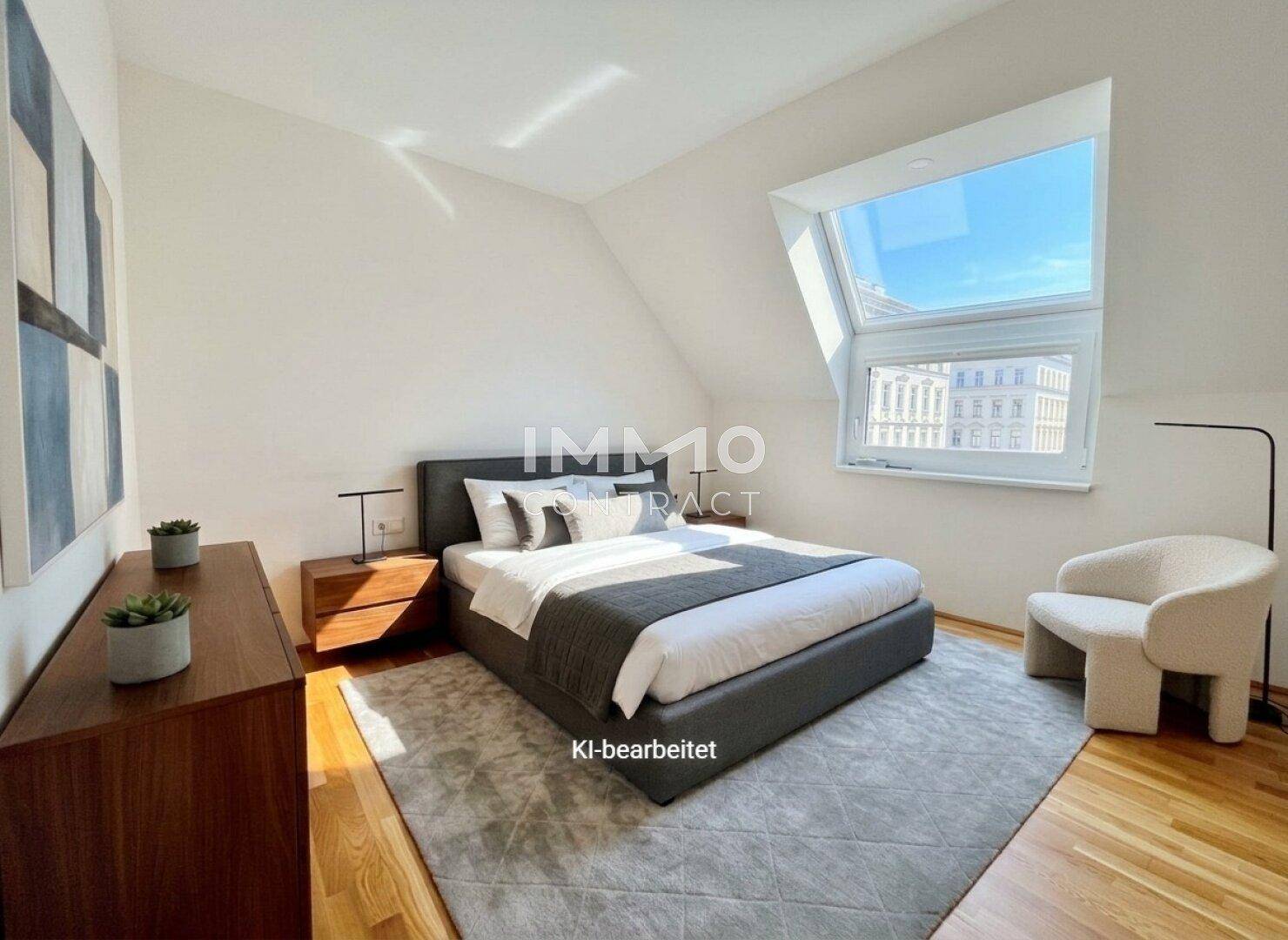 Gemütliches Schlafzimmer mit modernem Bett, Teppich und großem Dachfenster.