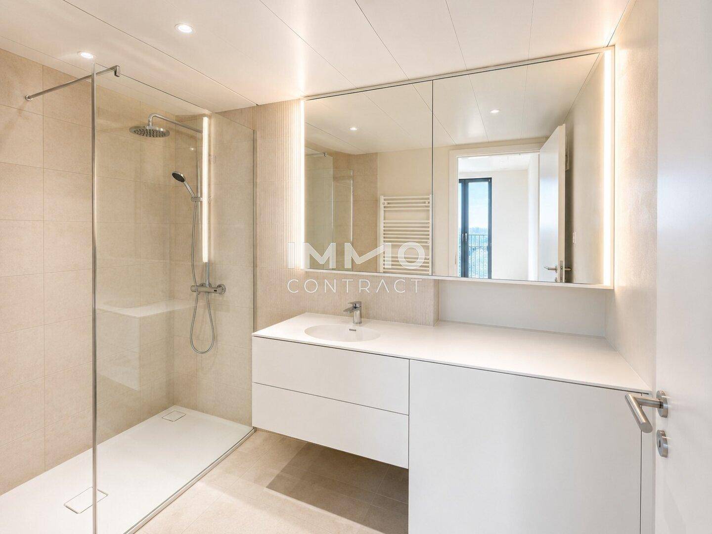 Modernes Badezimmer mit begehbarer Dusche, Einzelwaschbecken und beleuchtetem Spiegelschrank.