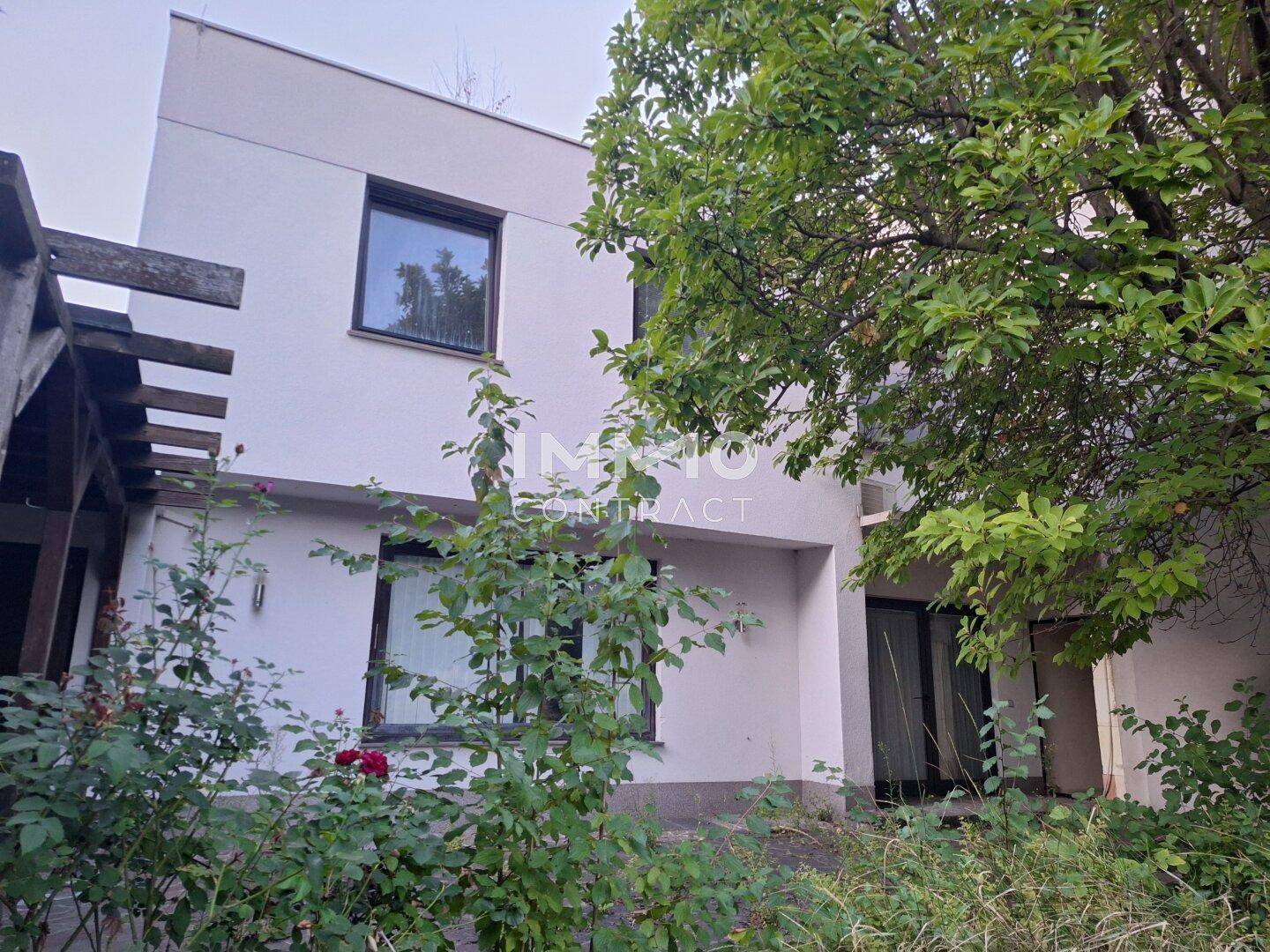 Rückseite des Hauses mit verwildertem Gartenbereich und einer Holzpergola.