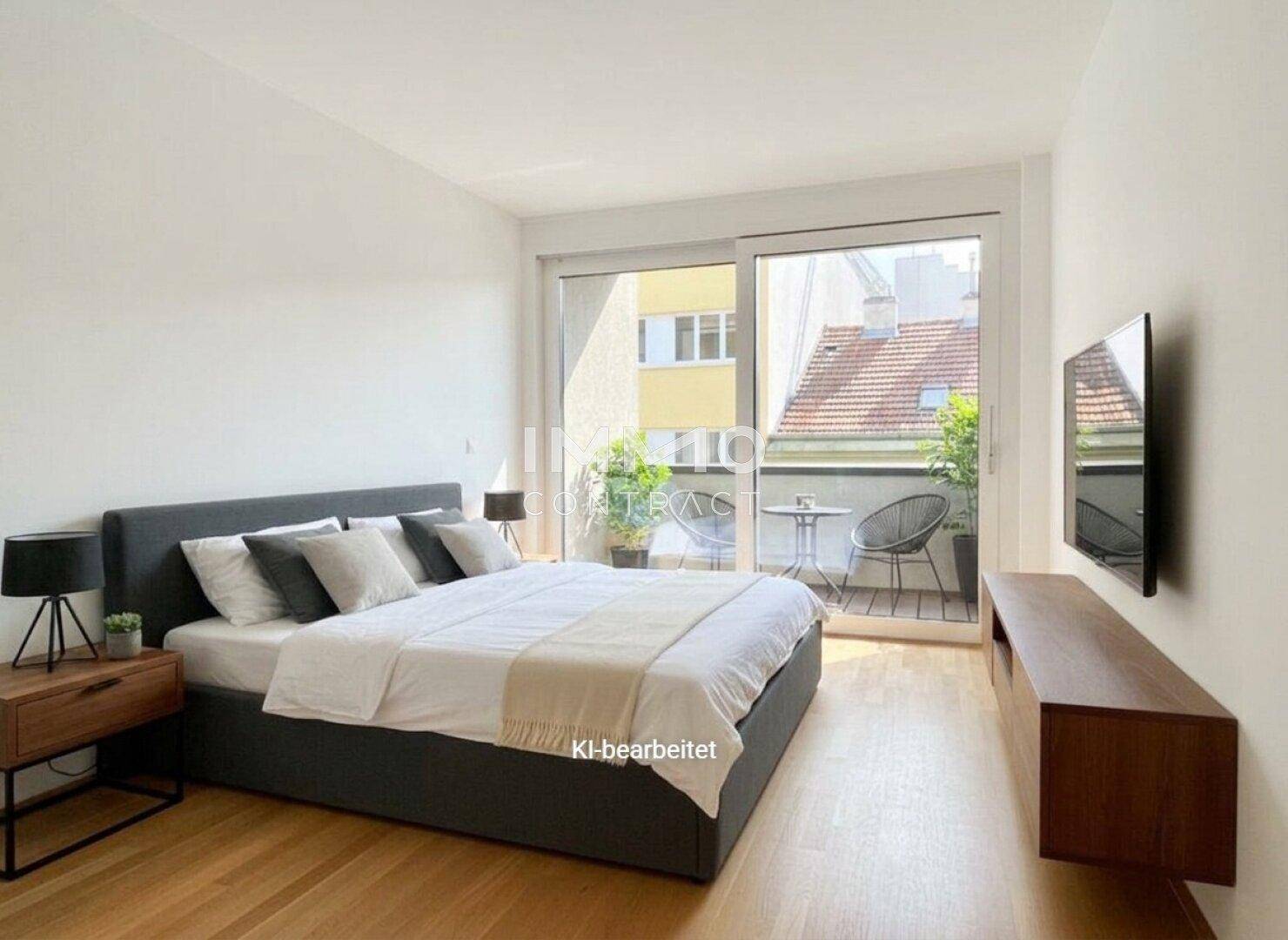 Schlafzimmer mit Doppelbett, Holzboden und direktem Zugang zu einem sonnigen Balkon.