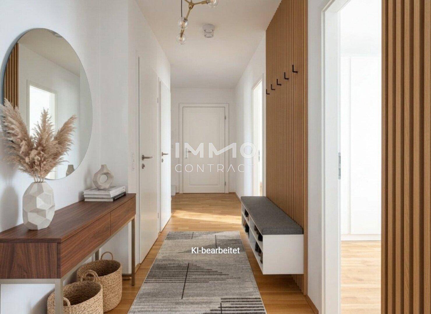 Moderner Flur mit Holzvertäfelung, rundem Spiegel und integrierter Sitzbank mit Schuhablage.