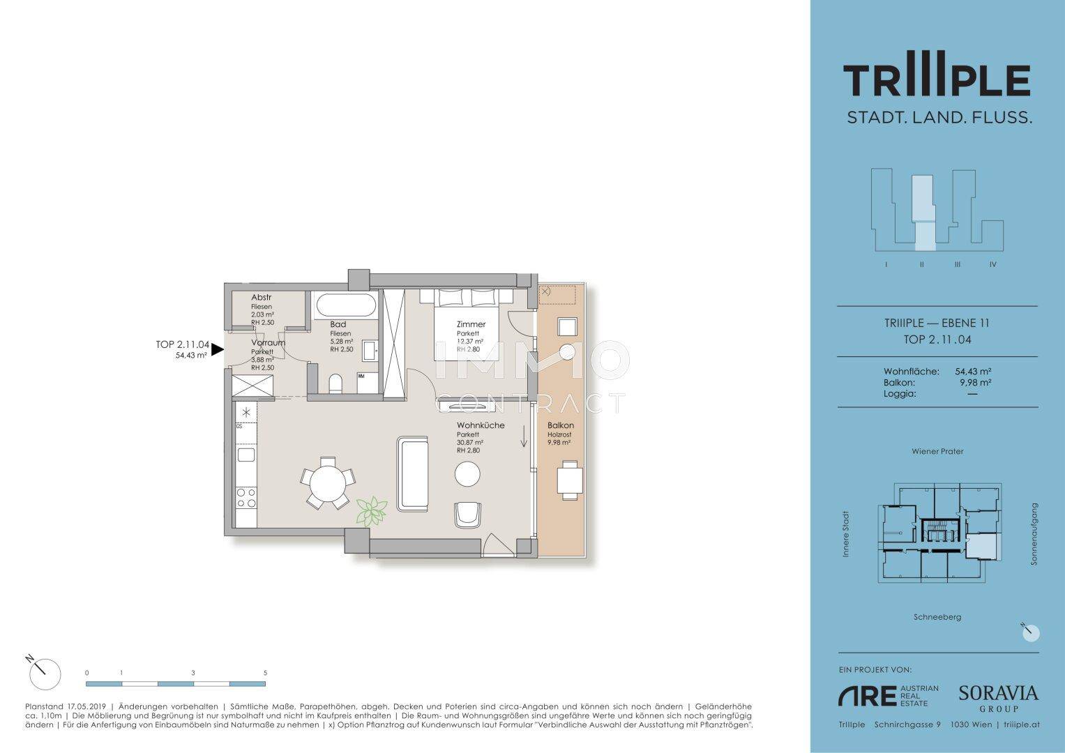 Grundriss einer modernen Wohnung mit offener Wohnküche, Schlafzimmer, Bad und Balkon/Loggia.