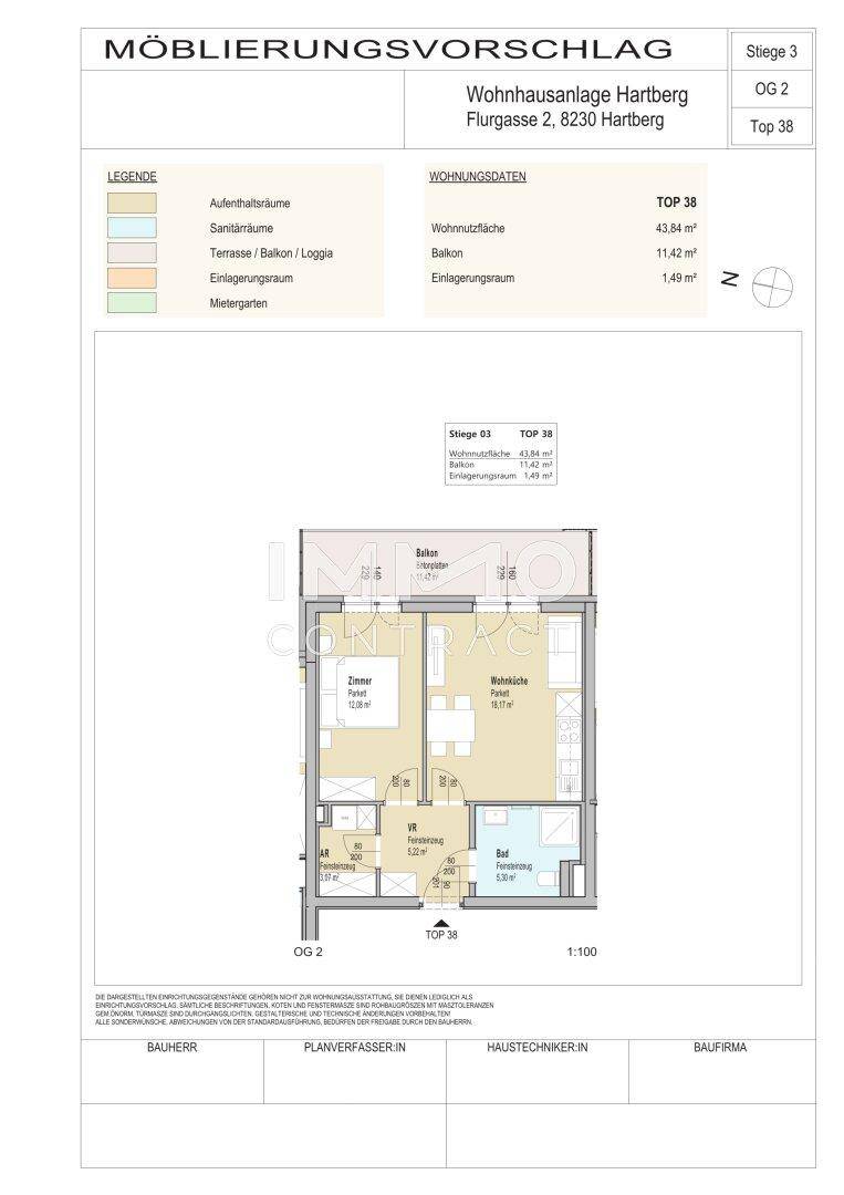 Grundrissvorschlag für eine Wohnung mit Wohnfläche, Balkon und Abstellraum.
