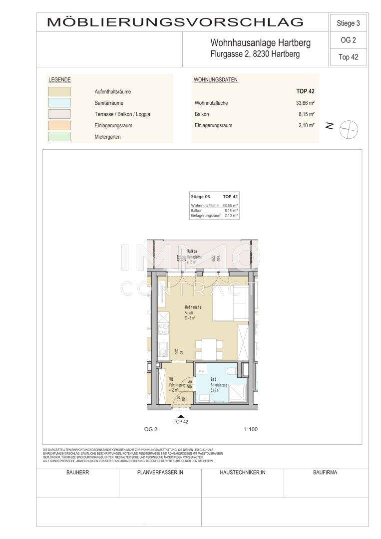 Detaillierter Grundriss der Wohnung TOP 42 mit Möblierungsvorschlag und Wohnungsdaten.
