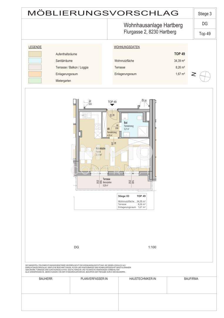 Detaillierter Grundriss für Wohnung TOP 49 mit Möblierungsvorschlag und Flächenangaben.