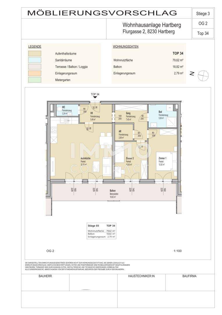 Detaillierter Grundriss mit Möblierungsvorschlag für eine 3-Zimmer-Wohnung.