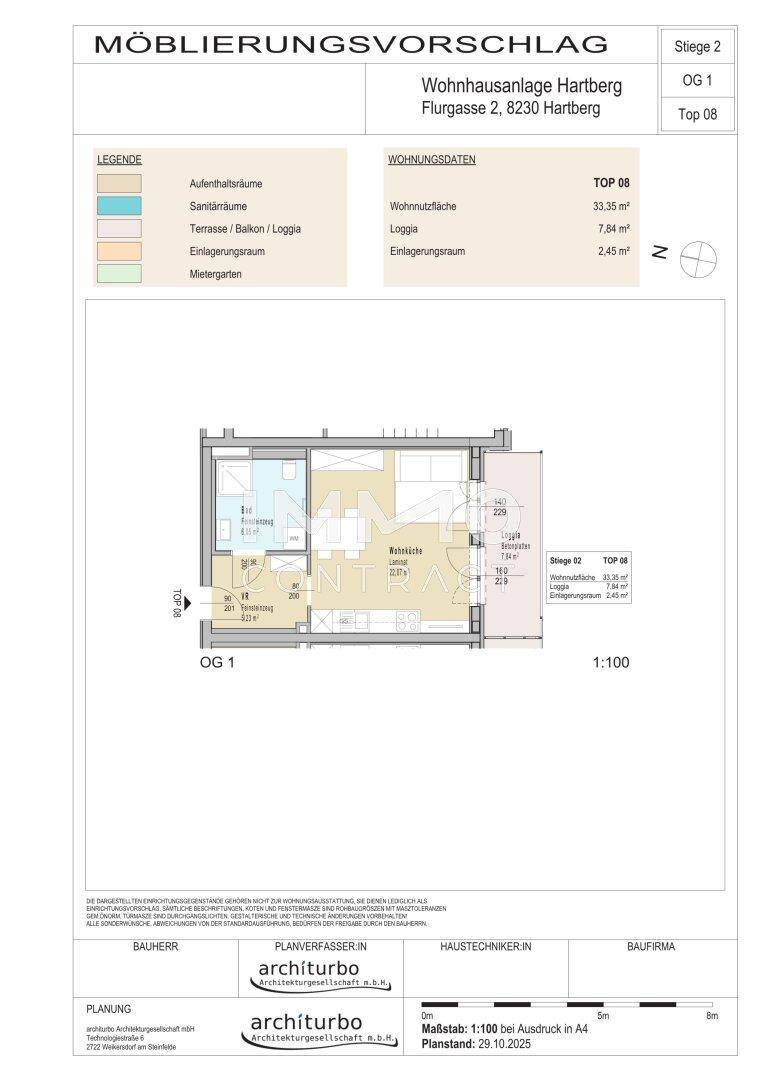 Möblierungsvorschlag für eine Wohnung im Obergeschoss mit Loggia und Abstellraum.