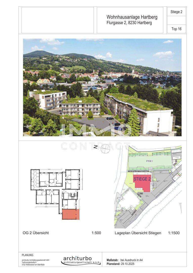Übersicht der Wohnhausanlage Hartberg mit Lageplan und Grundriss des Obergeschosses.