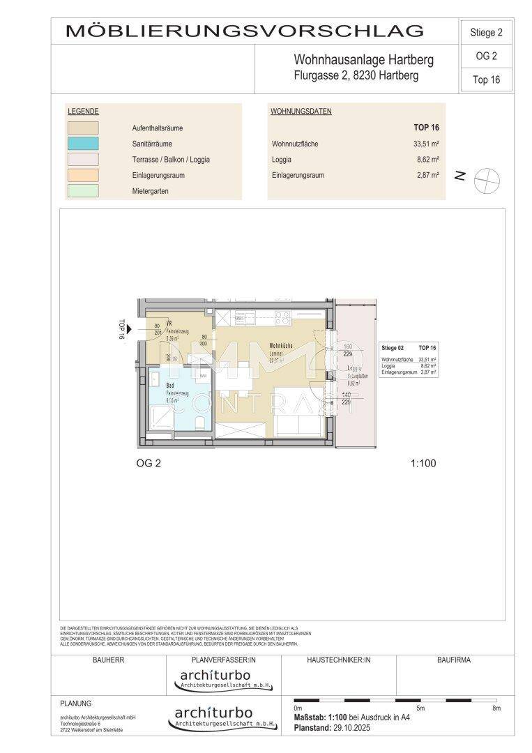 Möblierungsvorschlag für eine Wohnung im Obergeschoss mit Loggia und Wohnküche.