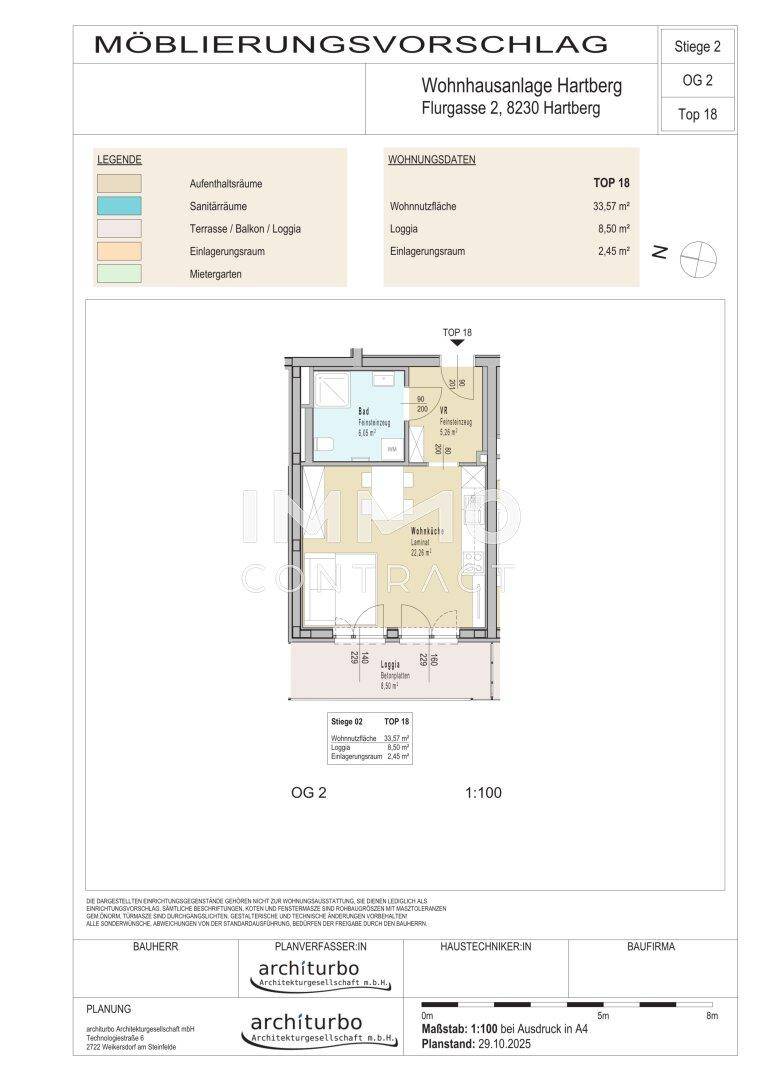 Möblierungsvorschlag für eine Wohnung im zweiten Obergeschoss mit Loggia und Wohnflächenangaben.