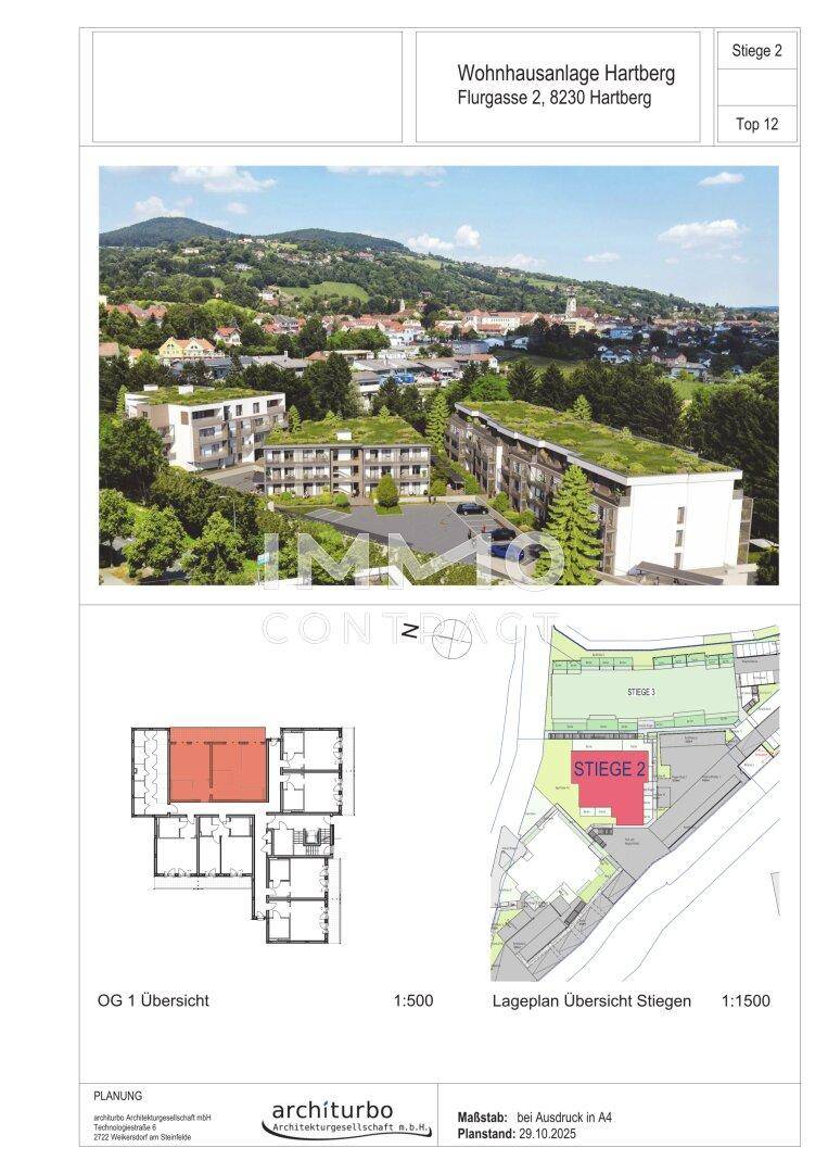 Übersicht des ersten Obergeschosses und Lageplan einer Wohnhausanlage in Hartberg.