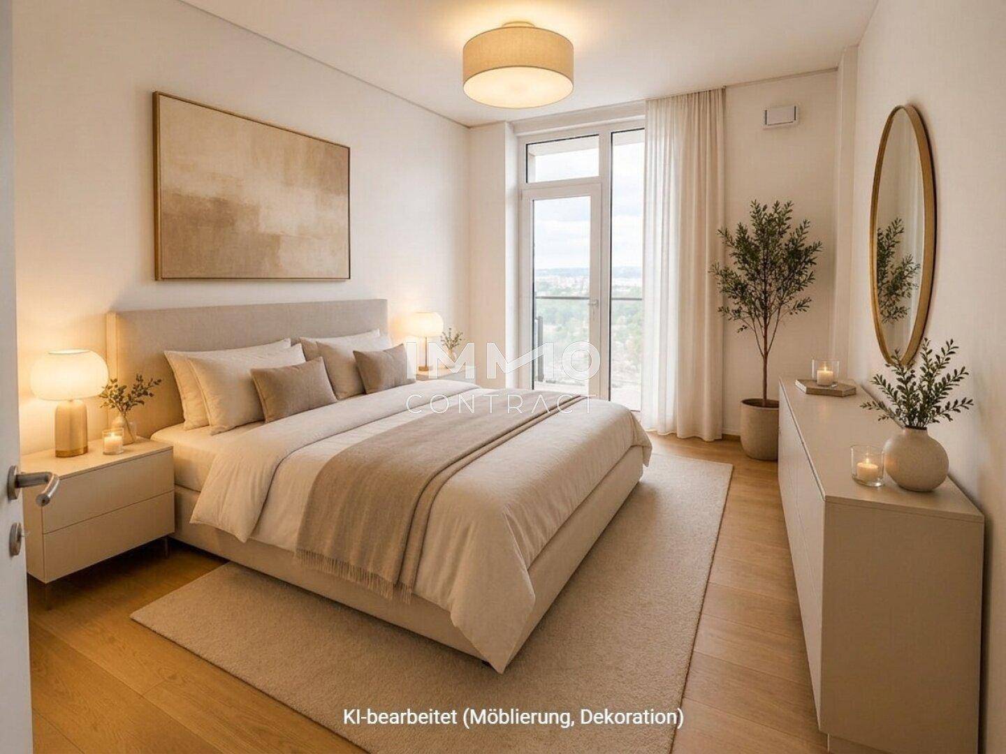 Modern eingerichtetes Schlafzimmer mit großem Fenster, hellem Holzfußboden und neutralen Farbtönen.