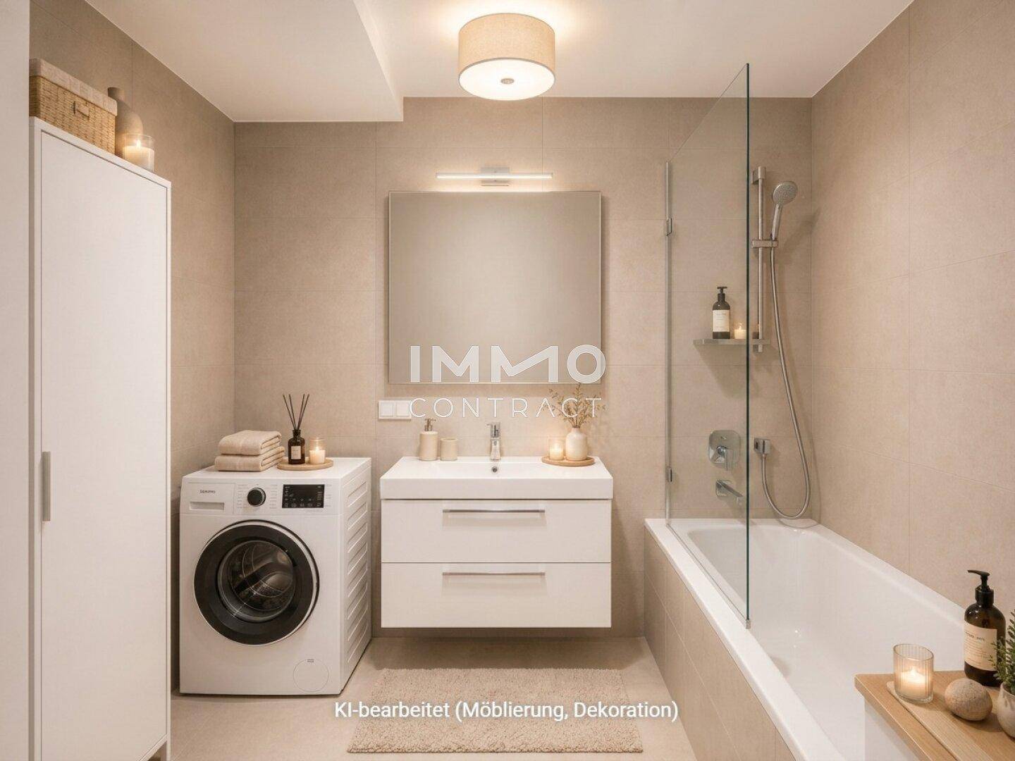 Modernes Badezimmer mit Badewanne, Einzelwaschbecken, Waschmaschine und hellen Fliesen.