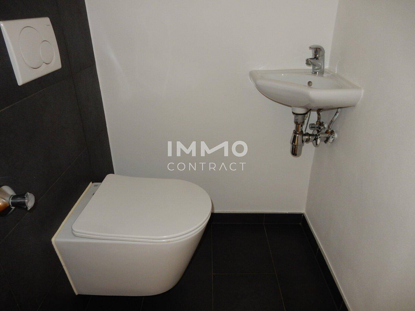 Modernes Gäste-WC mit wandhängender Toilette und kleinem Handwaschbecken.