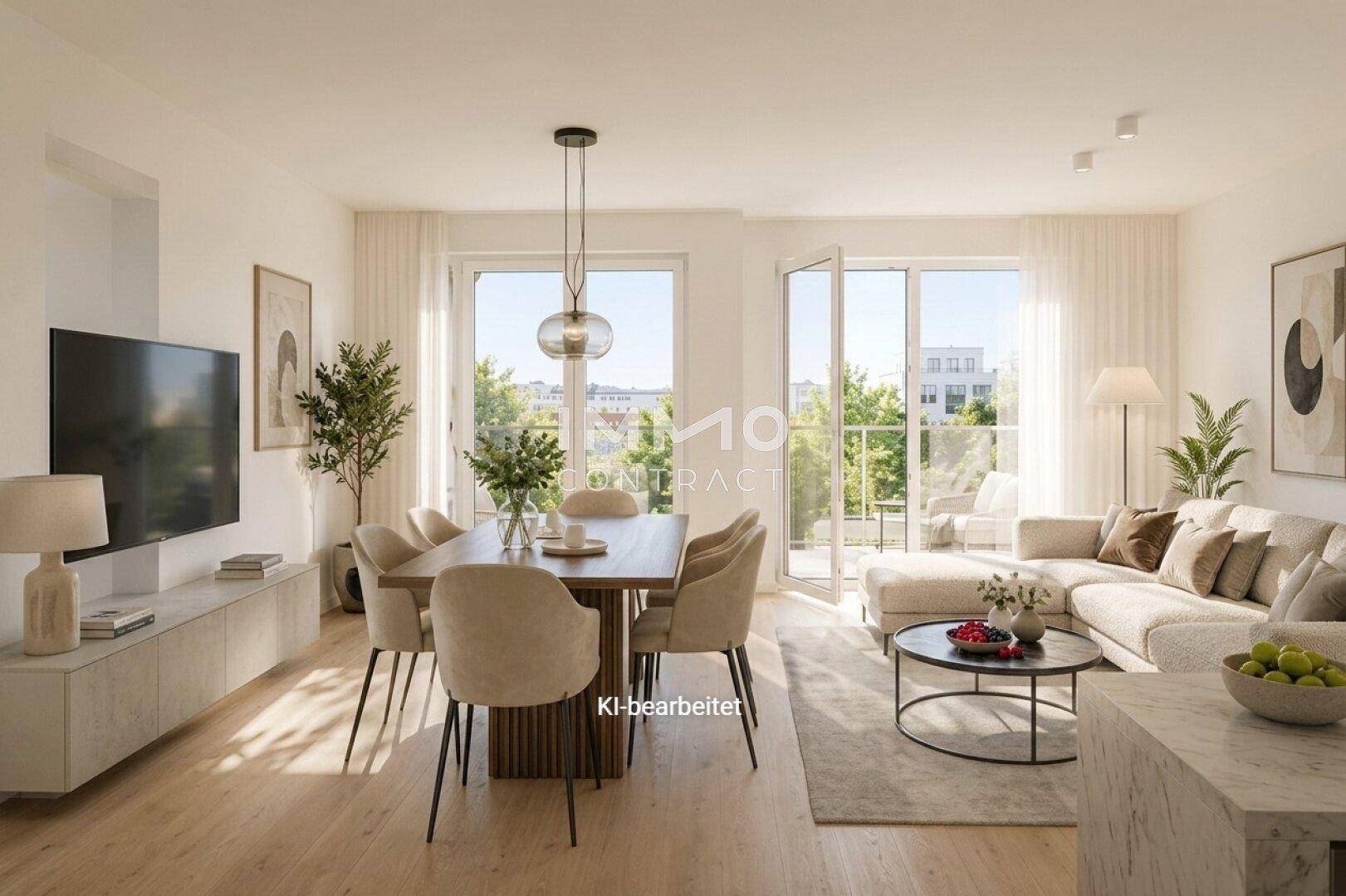 Heller Wohn-Essbereich mit modernem Design, Holzboden und Zugang zu einem Balkon.