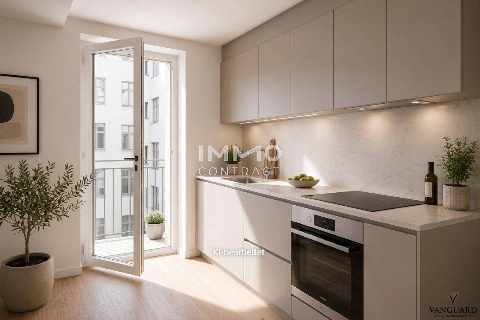 Moderne Einbauküche in hellen Farbtönen mit integrierten Geräten und Balkonzugang.