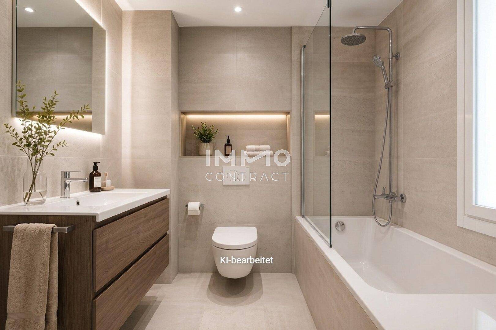 Modernes Badezimmer mit Badewanne, Dusche und eleganten Fliesen in neutralen Farben.