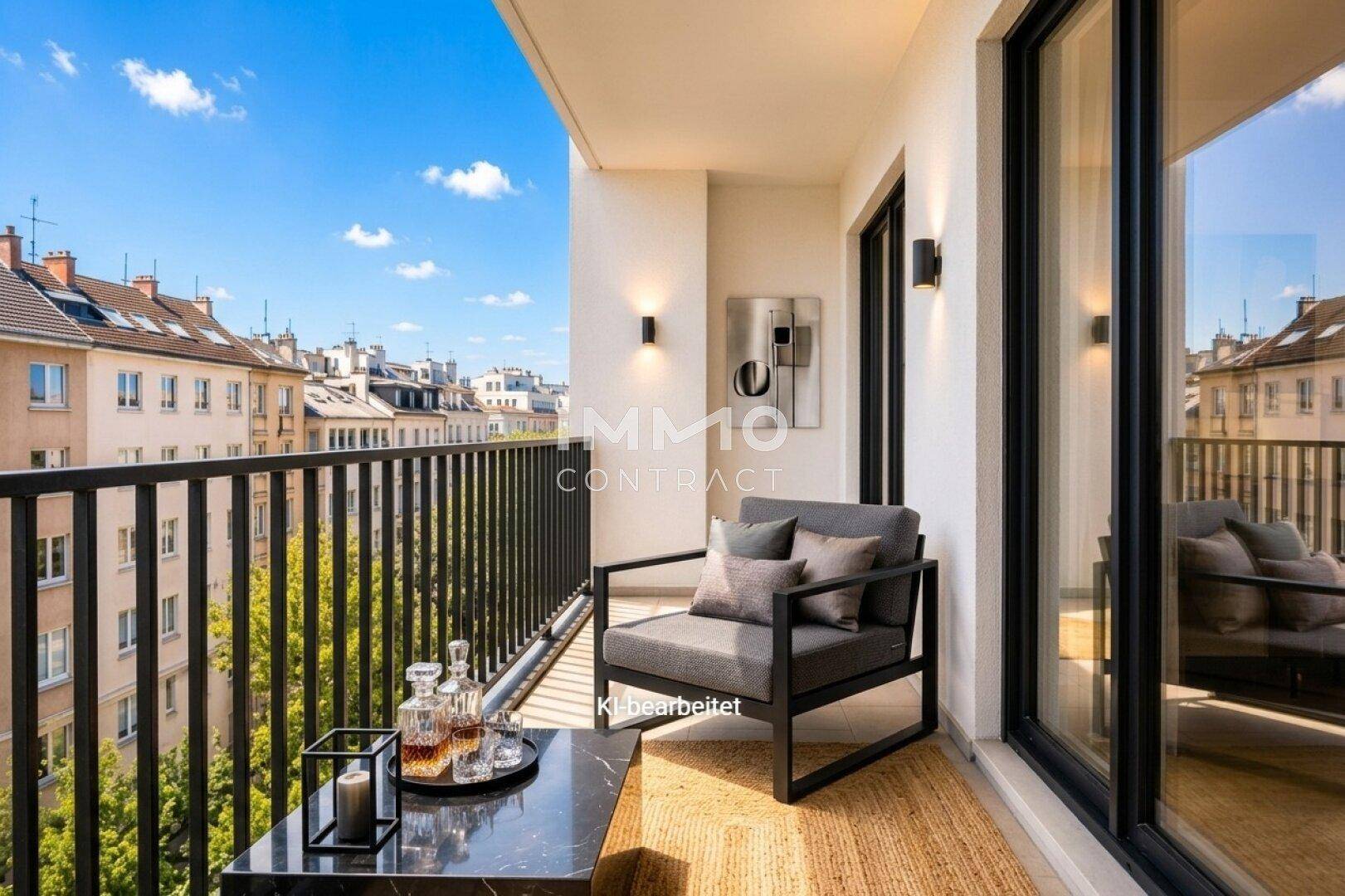 Heller Balkon mit Sitzgelegenheit und weitem Blick über die Stadt und grüne Bäume.