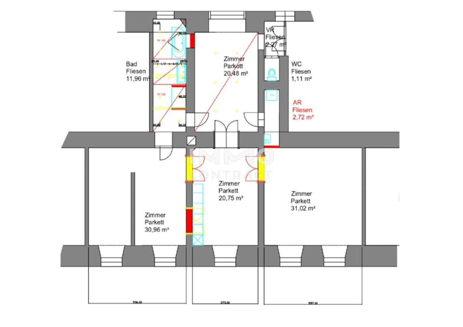 Detaillierter Grundriss der Wohnung mit Raumaufteilung und Flächenangaben in Quadratmetern.