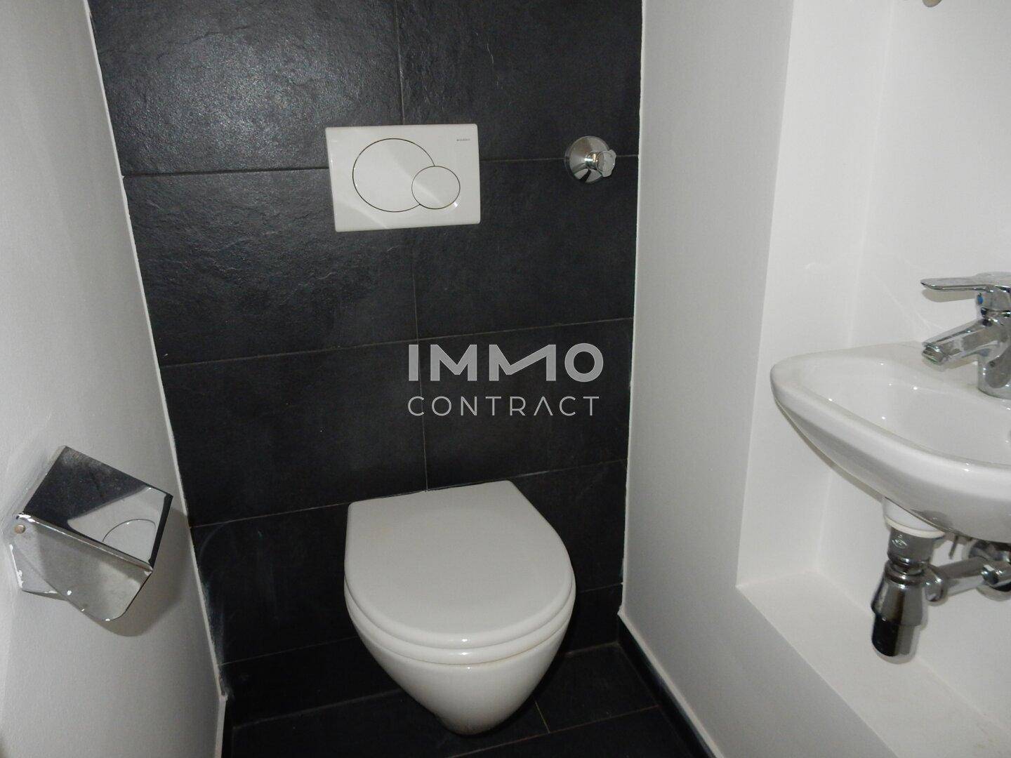 Kompaktes Gäste-WC mit dunklen Fliesen, wandhängender Toilette und kleinem Handwaschbecken.