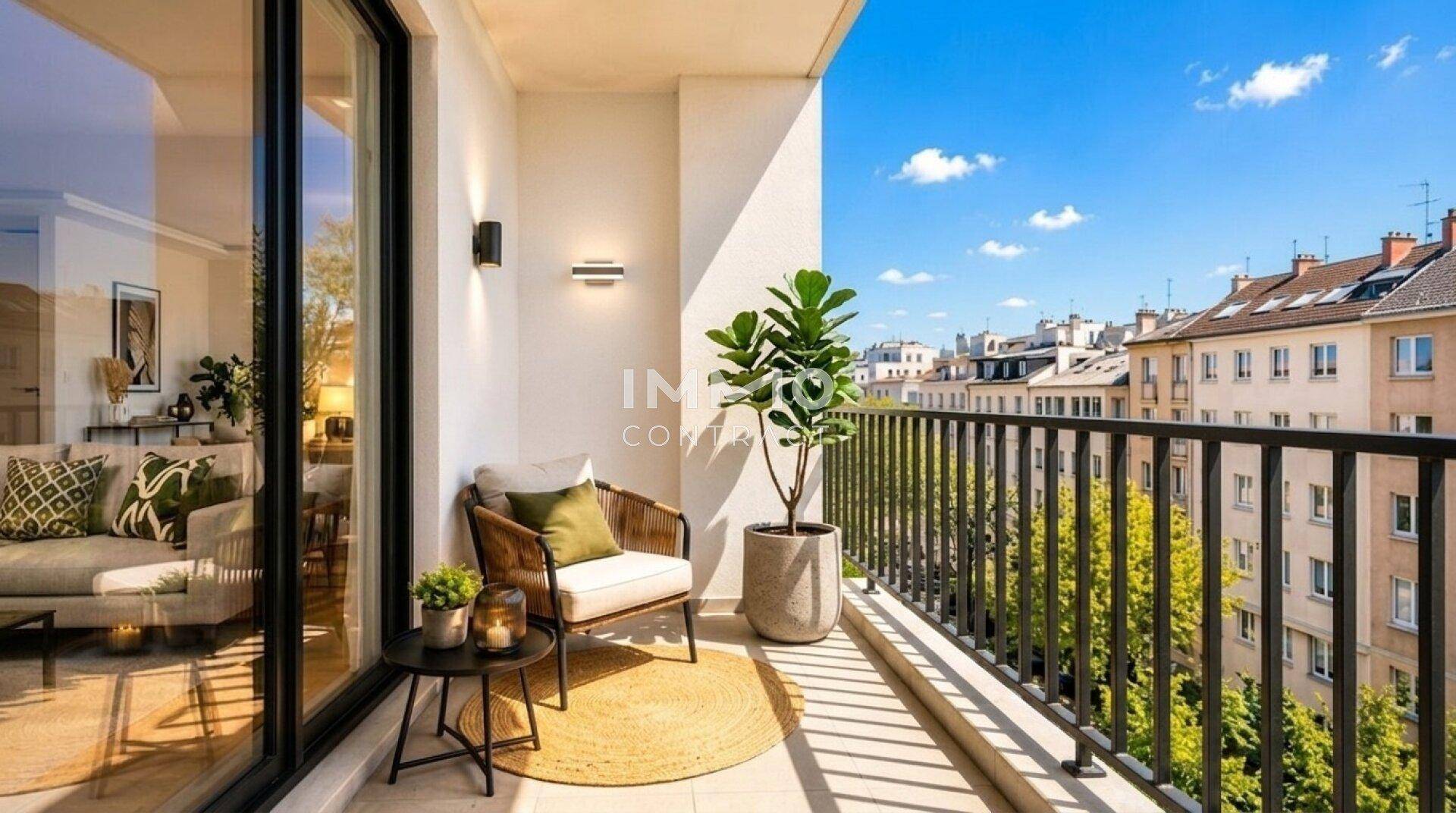 Heller Balkon mit gemütlicher Sitzecke, großer Pflanze und Blick über die Dächer der Stadt.