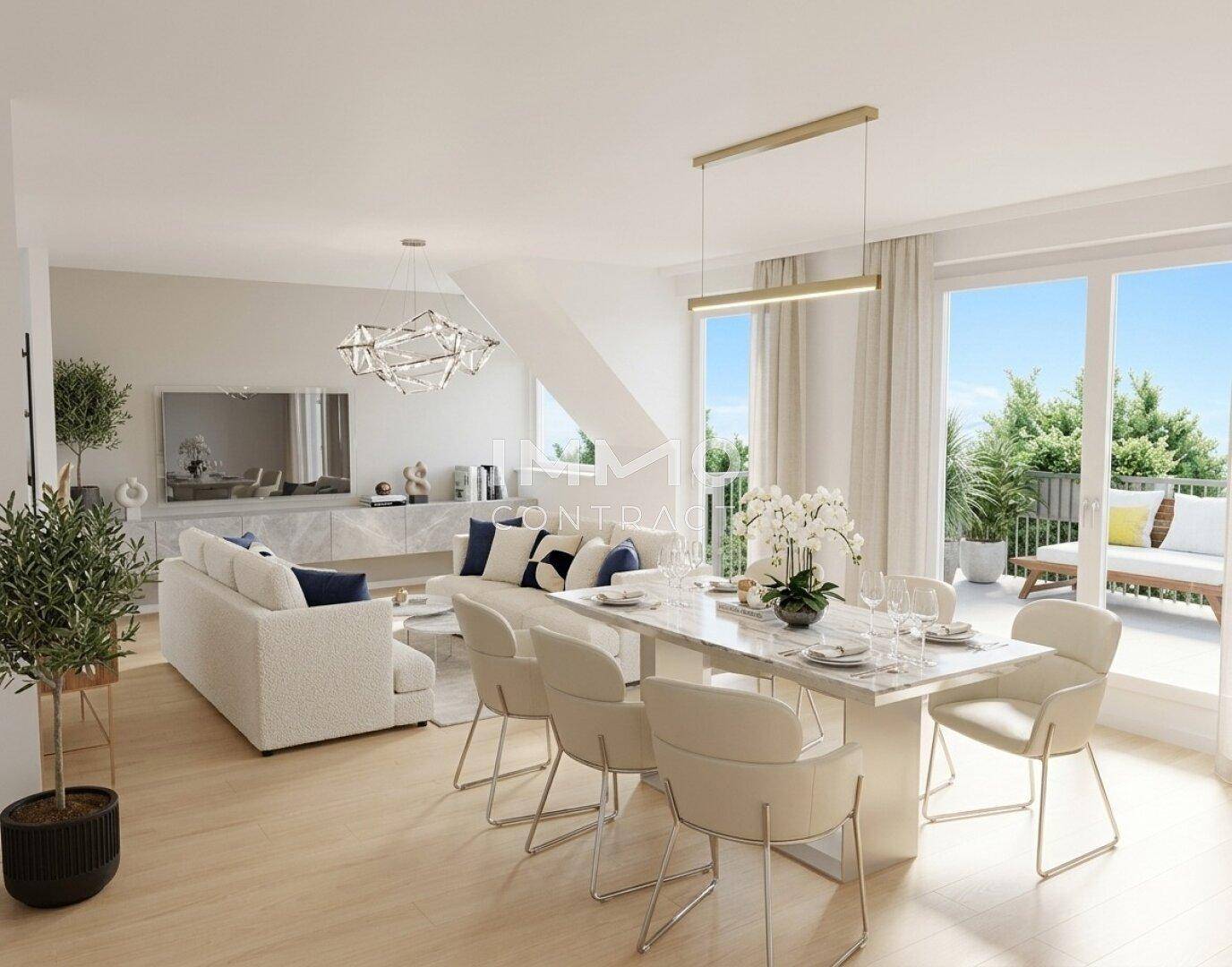 Heller Wohn- und Essbereich mit modernem Esstisch, bequemen Sofas und Zugang zur Terrasse.