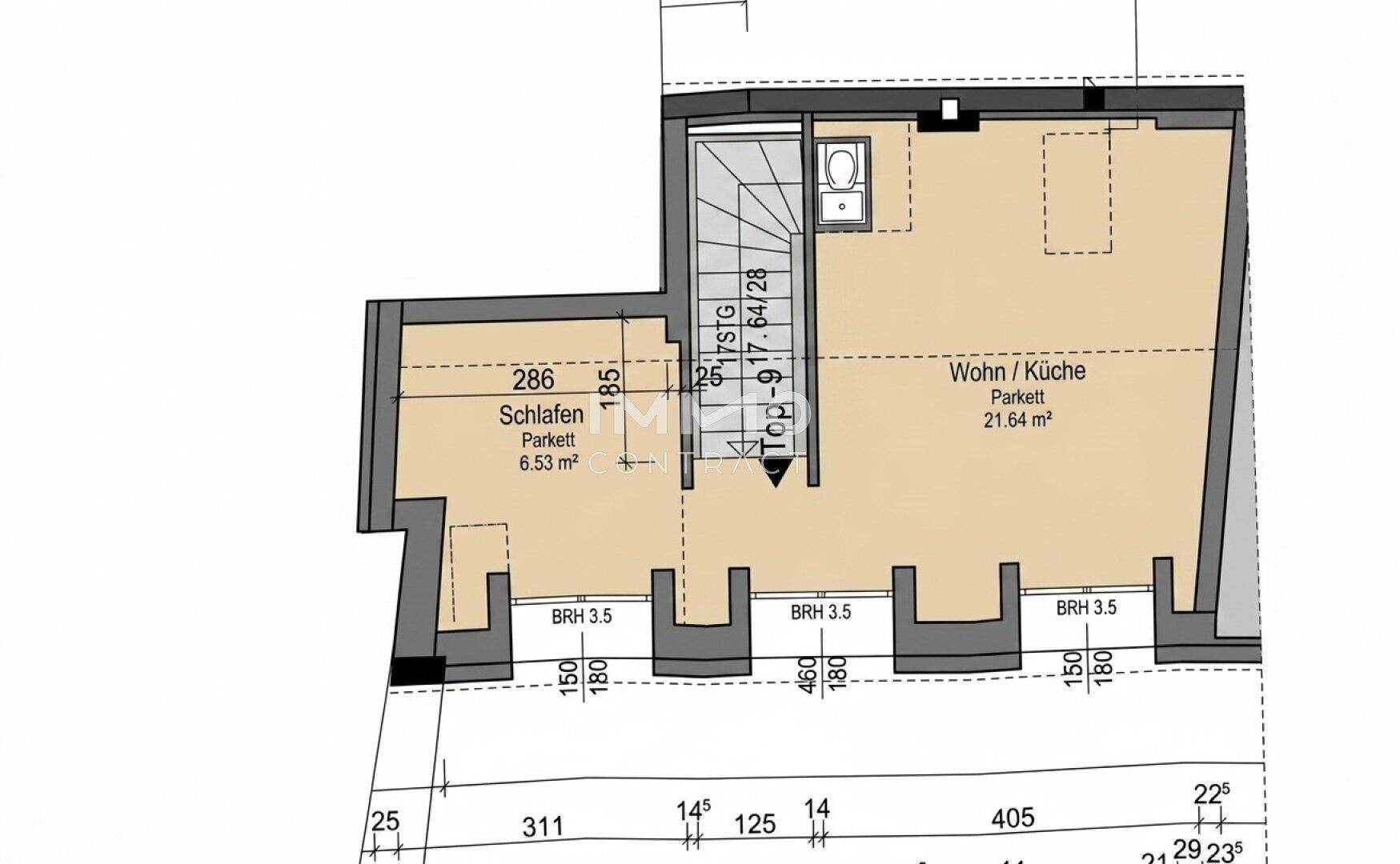 Grundriss des Dachgeschosses mit Wohnküche, Schlafzimmer und Treppenaufgang.