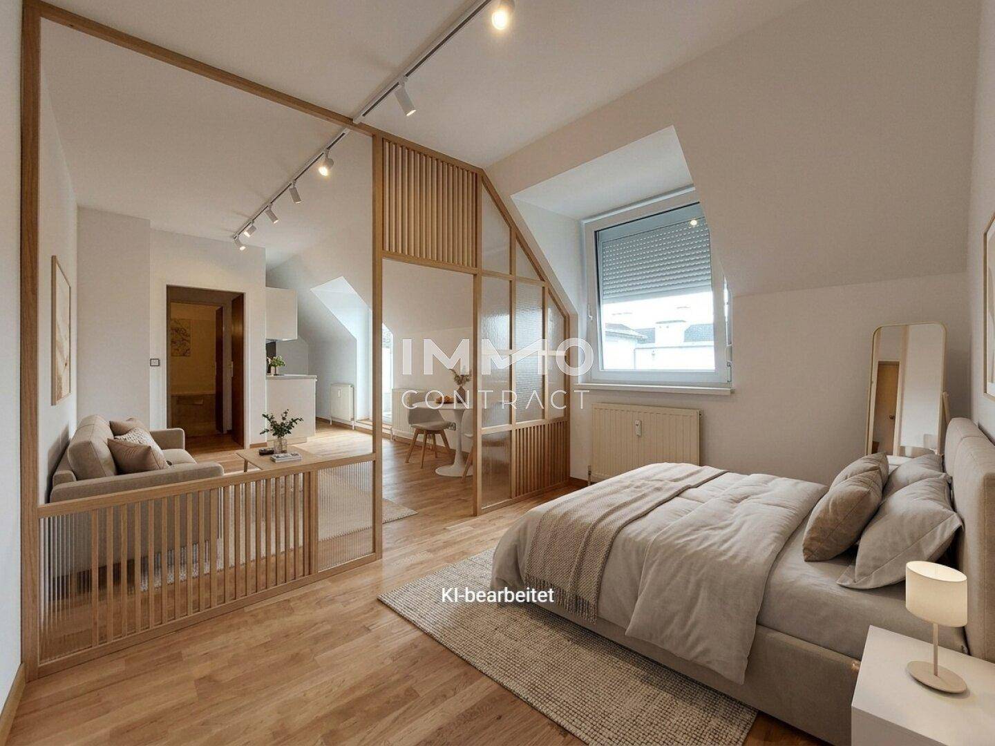 Helles Schlafzimmer in einem offenen Wohnbereich mit Holzelementen und Dachschräge.