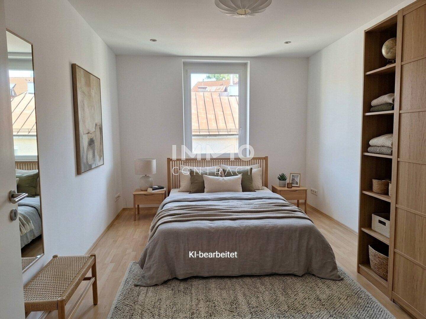 Helles Schlafzimmer mit Holzbett, Nachttischen, Holzregal und Blick nach draußen.